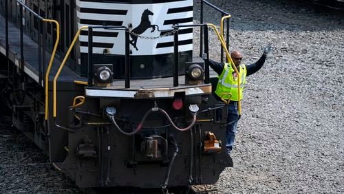 FILE - Norfolk Southern locomotives are moved through the Conway Terminal in Conway, Pa., June 17, 2023. Norfolk Southern reports earnings on Thursday, July 25, 2024. (AP Photo/Gene J. Puskar, File)