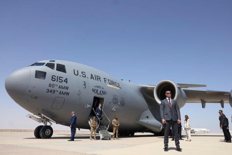 U.S. Secretary of State Antony Blinken deboards an airplane on arrival, at El-Alamein, Egypt, Tuesday, Aug.20, 2024. (Kevin Mohatt//Pool Photo via AP)