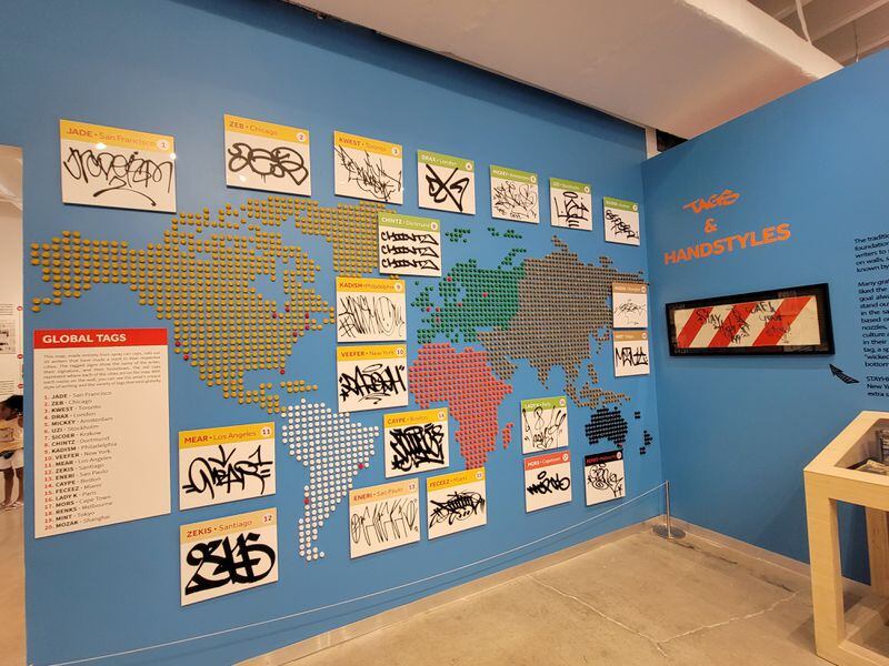 The "Global Tags" exhibit at the Museum of Graffiti in Miami, features a map made of spray can caps.
Courtesy of Wesley K.H. Teo