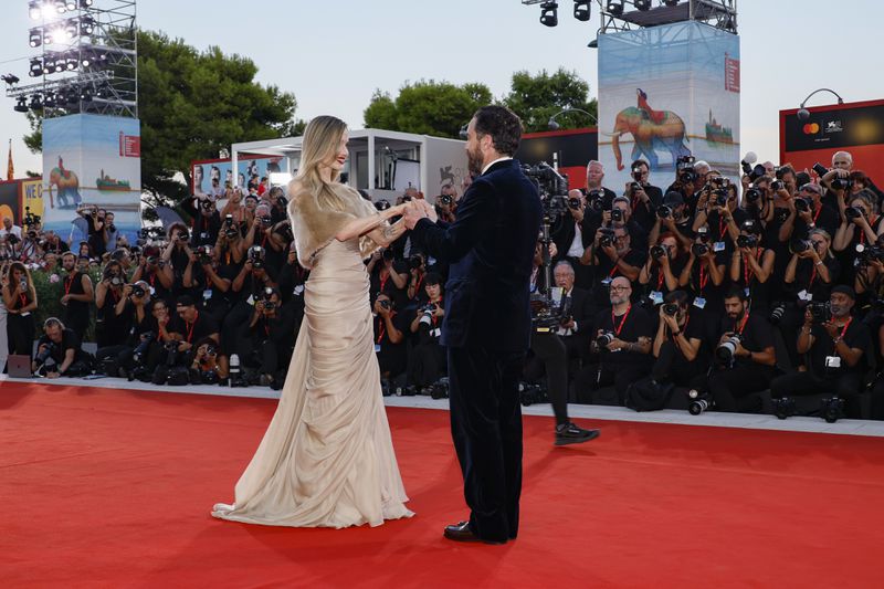 Angelina Jolie, left, and director Pablo Larrain pose for photographers upon arrival for the premiere of the film 'Maria' during the 81st edition of the Venice Film Festival in Venice, Italy, on Thursday, Aug. 29, 2024. (Photo by Joel C Ryan/Invision/AP)