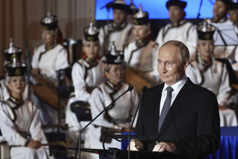 Russian President Vladimir Putin speaks during an event marking the 85th anniversary of the joint victory of the Soviet and Mongolian armed forces over the Japanese militarists on the Khalkhin Gol River, in Ulaanbaatar, Mongolia, Tuesday, Sept. 3, 2024. (Vyacheslav Prokofyev, Sputnik, Kremlin Pool Photo via AP)