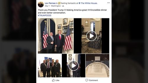 This Facebook screen shot provided by The Campaign Legal Center, shows President Donald Trump standing with Lev Parnas, top left photo, at the White House in Washington, posted on May 1, 2018.