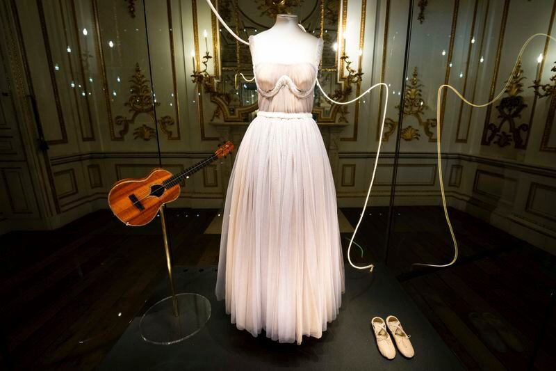 Exhibit pieces from previous concert tour at the 'Taylor Swift Songbook Trail Exhibition' at the Victoria & Albert Museum, on Wednesday, July 24, 2024 in London. (Photo by Scott A Garfitt/Invision/AP)