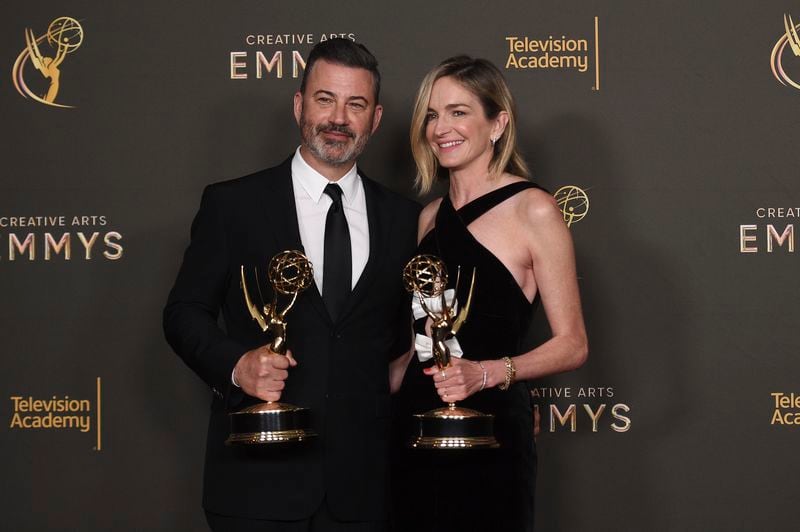 Jimmy Kimmel and Molly McNearney attend night one of the Creative Arts Emmy Awards on Saturday, Sept. 7, 2024, in Los Angeles. (Photo by Richard Shotwell/Invision/AP)