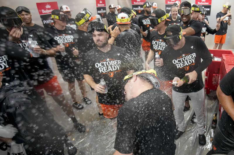 Baltimore Orioles' players celebrate after clinching a playoff berth by defeating the New York Yankees in baseball game, Tuesday, Sept. 24, 2024, in New York. (AP Photo/Bryan Woolston)