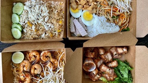 Takeout options from Tum Pok Pok include (clockwise from upper left): crab fried rice; som tum tard (Isan sausage, green papaya salad, and other nibbles); crispy fried pork belly; and pad Thai with shrimp. Wendell Brock for The Atlanta Journal-Constitution