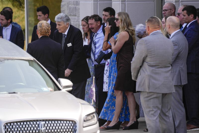 Guy Gaudreau, the father of Columbus Blue Jackets hockey player John Gaudreau and Matthew Gaudreau departs after there funeral at St. Mary Magdalen Catholic Church in Media, Pa., Monday, Sept. 9, 2024. (AP Photo/Matt Rourke)