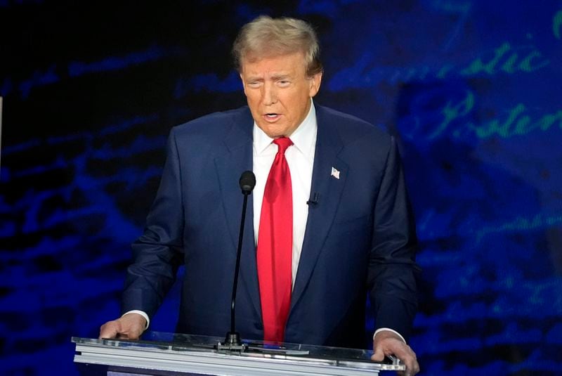 Republican presidential nominee former President Donald Trump speaks during a ABC News presidential debate with Democratic presidential nominee Vice President Kamala Harris at the National Constitution Center, Tuesday, Sept.10, 2024, in Philadelphia. (AP Photo/Alex Brandon)