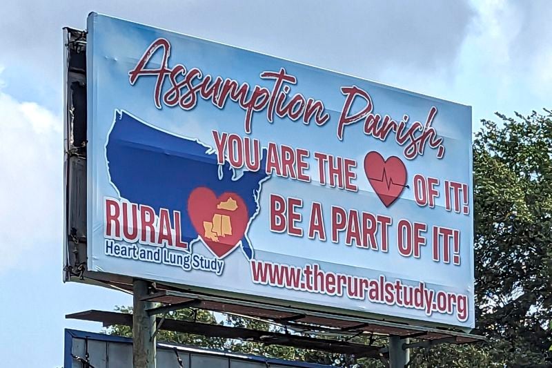 A billboard for a new study about why heart and lung disease is so much higher in the rural South is seen in Napoleonville, La., on May 8, 2024. (Sean Coady/National Heart, Lung, and Blood Institute via AP)