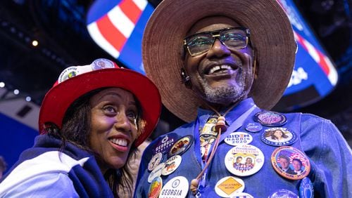 Georgia delegates Jane Williams and Franklin Delano Williams are seen on the second day of the Democratic National Convention at United Center in Chicago on Tuesday, August 20, 2024. (Arvin Temkar / AJC)