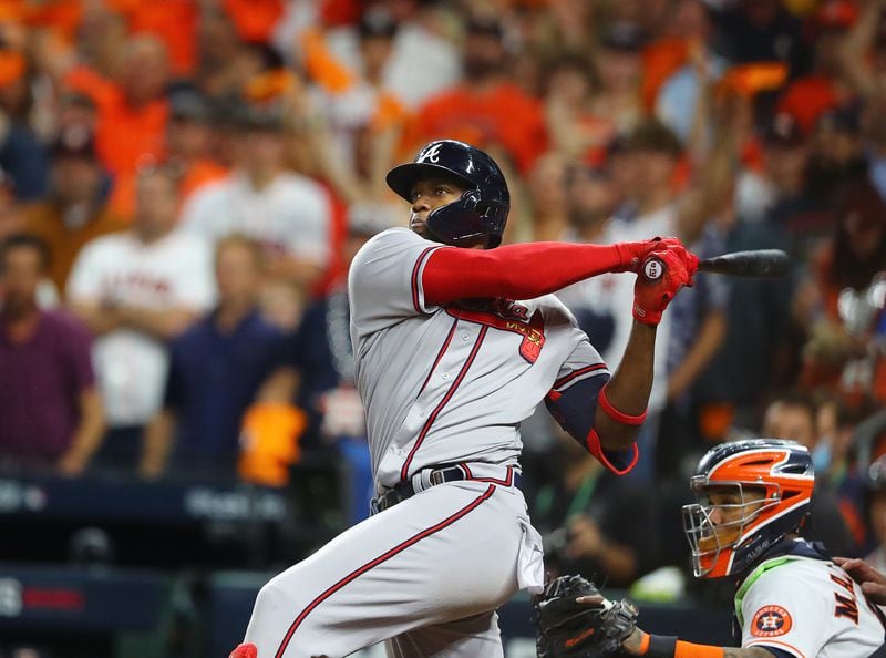 Braves outfielder Jorge Soler hits a three-run homer against the Astros in the third inning of Game 6 of the World Series on Tuesday, Nov. 2, 2021, in Houston. 