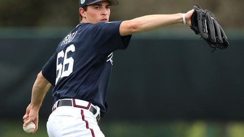 Braves pitcher Max Fried throws to loosen up his arm during the first full-squad workout on Feb. 18, 2017, at the ESPN Wide World of Sports in Lake Buena Vista. (Curtis Compton/ccompton@ajc.com)