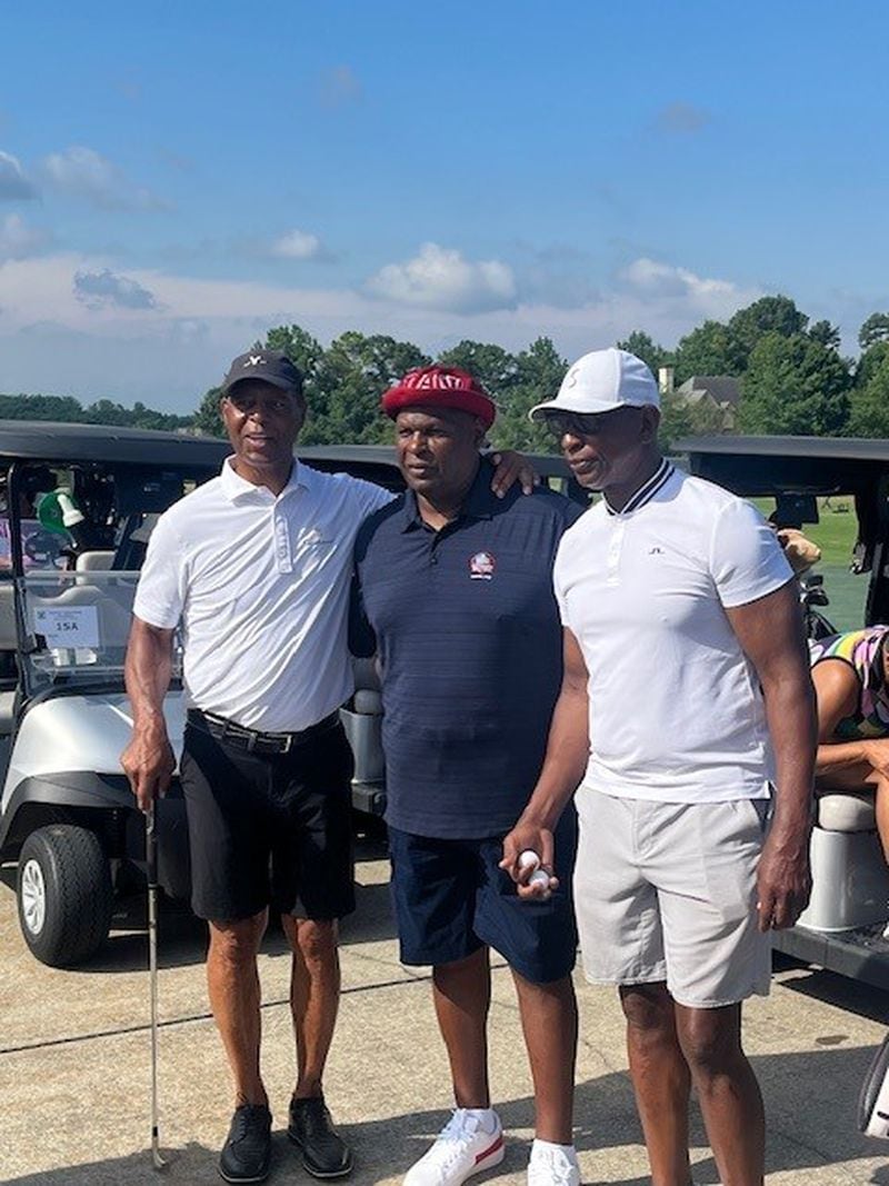Pro Football Hall of Famers Marcus Allen (left), Rickey Jackson (middle) and Eric Dickerson (right) at the 4th Annual Lawrence Taylor Family Foundation golf outing on Monday, June 25, 2024 at Bear's Best in Suwanee, Georgia.