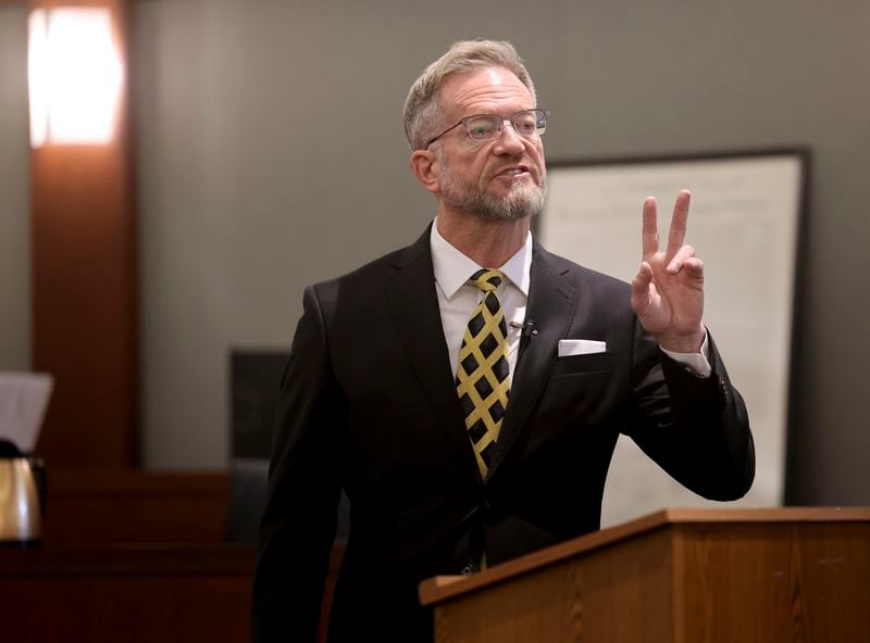 Defense attorney Robert Draskovich gives his closing argument during the murder trial for Robert Telles, a former Clark County public administrator charged in the murder of Las Vegas Review-Journal investigative journalist Jeff German, at the Regional Justice Center in Las Vegas, Monday, Aug. 26, 2024. (K.M. Cannon/Las Vegas Review-Journal via AP, Pool)