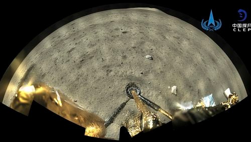 FILE - This Dec. 2, 2020, file image taken by panoramic camera aboard the lander-ascender combination of Chang'e-5 spacecraft provided by China National Space Administration shows a moon surface after it landed on the moon. (China National Space Administration/Xinhua via AP, File)