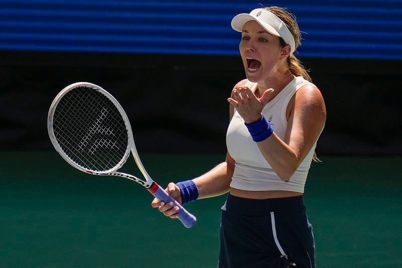 Danielle Collins, of the United States, reacts in the first set against Caroline Dolehide, of the United States, during the first round of the U.S. Open tennis championships, Tuesday, Aug. 27, 2024, in New York. (AP Photo/Seth Wenig)