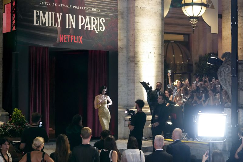 Actress Lily Collins arrives at the premiere of "Emily in Paris", in Rome, Tuesday, Sept. 10, 2024. (AP Photo/Andrew Medichini)