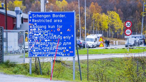 FILE - A sign indicating the Storskog border crossing between Russia and Norway is pictured near Kirkenes, Norway, on Sept. 28, 2022. (Lise Aserud/NTB Scanpix via AP, File)