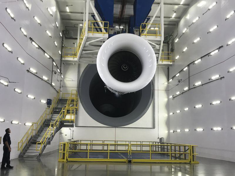 A jet engine inside Delta’s engine test cell on Thursday, Feb. 21, 2019, in Atlanta.