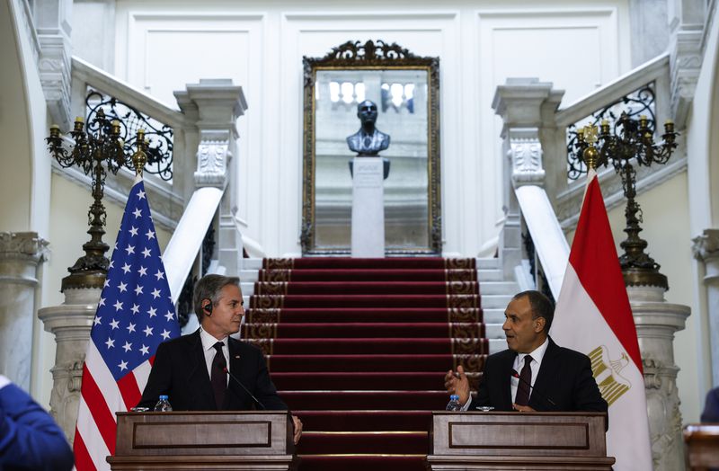 U.S. Secretary of State Antony Blinken, left, and Egypt's Foreign Minister Badr Abdelatty attend a joint press conference in Tahrir Palace in Cairo, Egypt Wednesday, Sept. 18, 2024. (Evelyn Hockstein/Pool Photo via AP)