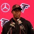 Atlanta Falcons head coach Raheem Morris speaks during a news conference after an NFL football game against the Kansas City Chiefs, Sunday, Sept. 22, 2024, in Atlanta. The Kansas City Chiefs 22-17. (AP Photo/Brynn Anderson)