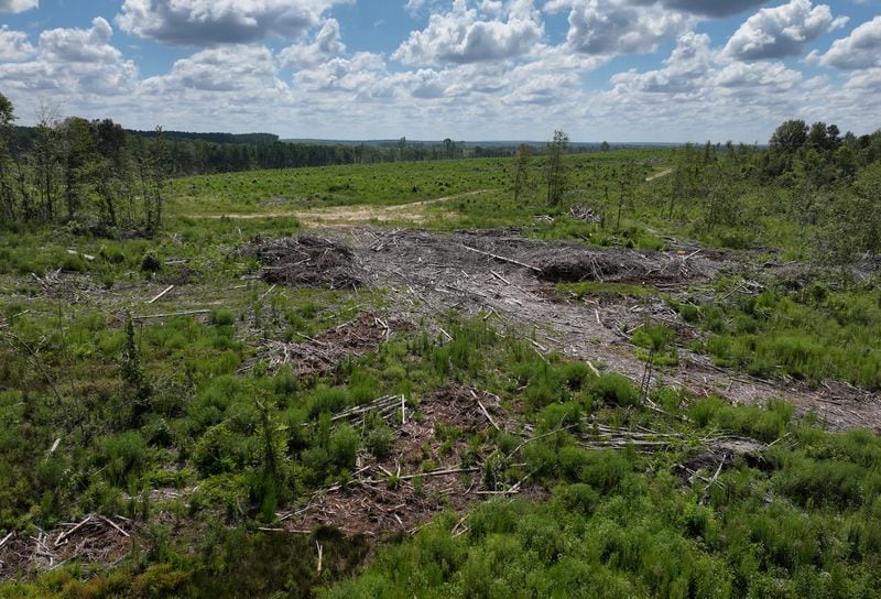 An aerial photograph shows proposed property where the solar farm is planned near Oaky Woods Wildlife Management Area, Tuesday, August 26, 2024, in Kathleen. (Hyosub Shin/AJC)