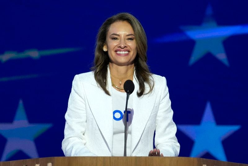 Maria Teresa Kumar, president and CEO of Voto Latino, speaks during the Democratic National Convention Wednesday, Aug. 21, 2024, in Chicago. (AP Photo/J. Scott Applewhite)