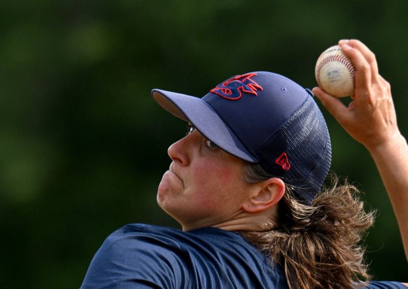 U.S. Women's closing pitcher Meggie Meidlinger practices at Wheeler High School’s baseball field on June 19, 2024 in Marietta. (Hyosub Shin / AJC)