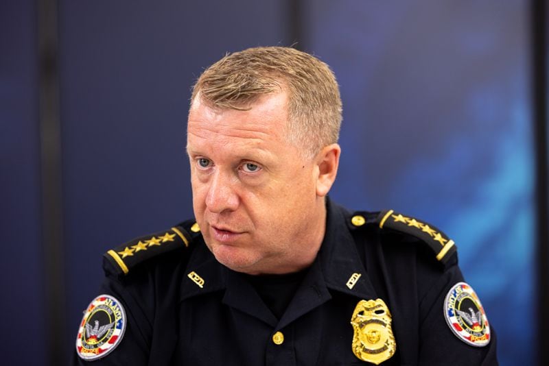 Atlanta Police Chief Darin Schierbaum speaks during a press interview at the district attorney’s office in Atlanta on Friday, July 12, 2024. Public safety officials presented findings from a report on repeat offenders. (Arvin Temkar / AJC)