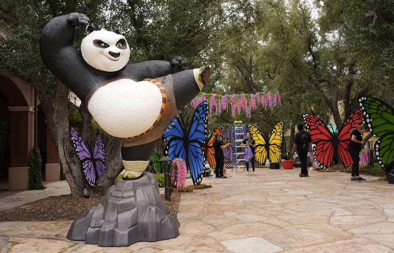 A statue of the animated character Po, from the "Kung Fu Panda" films, stands on the DreamWorks Animation campus, Wednesday, Sept. 25, 2024, in Glendale, Calif. (AP Photo/Chris Pizzello)