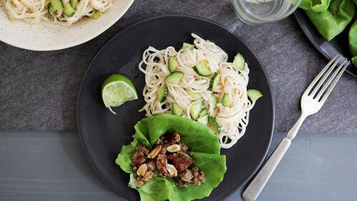 Chef Seth Freedman’s Pork Lettuce Wraps with Cucumber Sesame Rice Noodles is one of the recent meals on the menu at Peach Dish, a meal kit service based in Atlanta. Meals start at $12.50 per serving.
