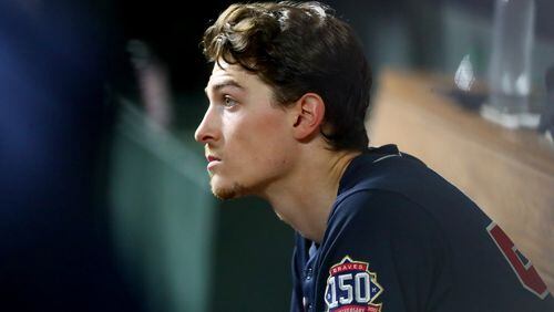 In the fourth inning of Wednesday's World Series Game 2, Braves starting pitcher Max Fried gathers himself in the dugout, pondering a difficult outing that would end in a loss. Curtis Compton / curtis.compton@ajc.com