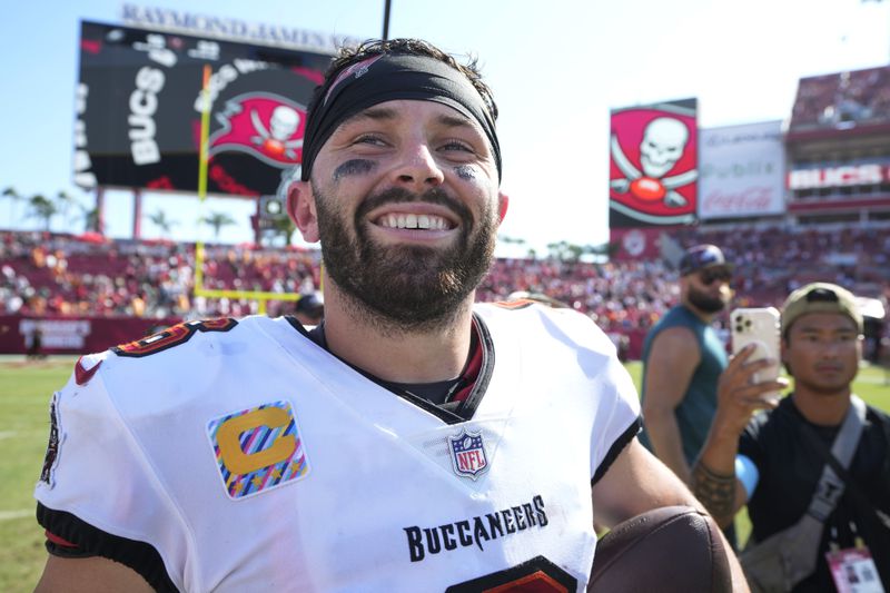 Tampa Bay Buccaneers' Baker Mayfield reacts after an NFL football game against the Philadelphia Eagles, Sunday, Sept. 29, 2024, in Tampa, Fla. (AP Photo/Chris O'Meara)