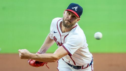 Braves starting pitcher Chris Sale (51) delivers to a Colorado Rockies batter in the first inning at Truist Park on Tuesday, Sept. 3, 2024, in Atlanta. 
(Miguel Martinez/ AJC)