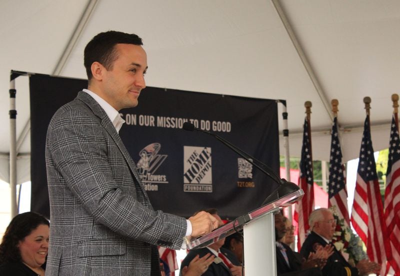 Gavin Naples, the vice president of the Tunnel to Towers Foundation's homeless veterans program, speaks on May 17, 2024, at the groundbreaking of the new Atlanta Veterans Village that will be built in an old hotel in Austell, Georgia. (Taylor Croft/taylor.croft@ajc.com)