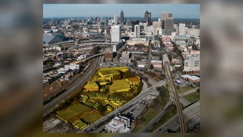 Roughly 10 acres of underused industrial property near Ted Turner Drive and Whitehall Street in downtown Atlanta was put on the market in September 2024. The yellow highlighted area shows the property available for purchase.