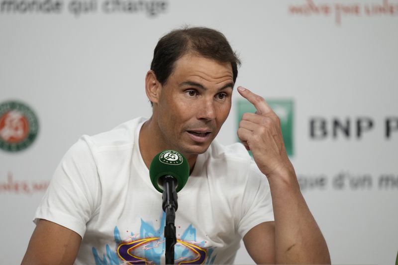 Spain's Rafael Nadal, adresses the media after losing against Germany's Alexander Zverev during their first round match of the French Open tennis tournament at the Roland Garros stadium in Paris, Monday, May 27, 2024. (AP Photo/Thibault Camus)