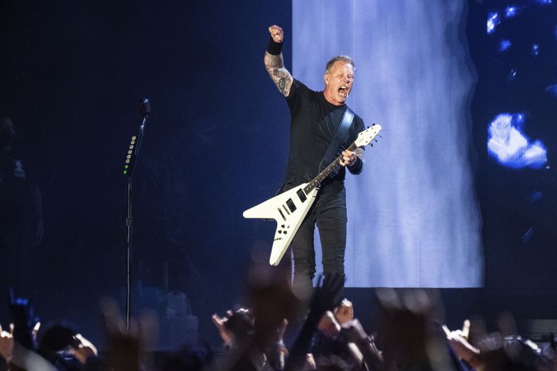 James Hetfield of Metallica performs at Louder Than Life Festival 2021 at Highland Festival Grounds on Friday, Sept. 24, 2021, in Louisville, Ky. (Photo by Amy Harris/Invision/AP)