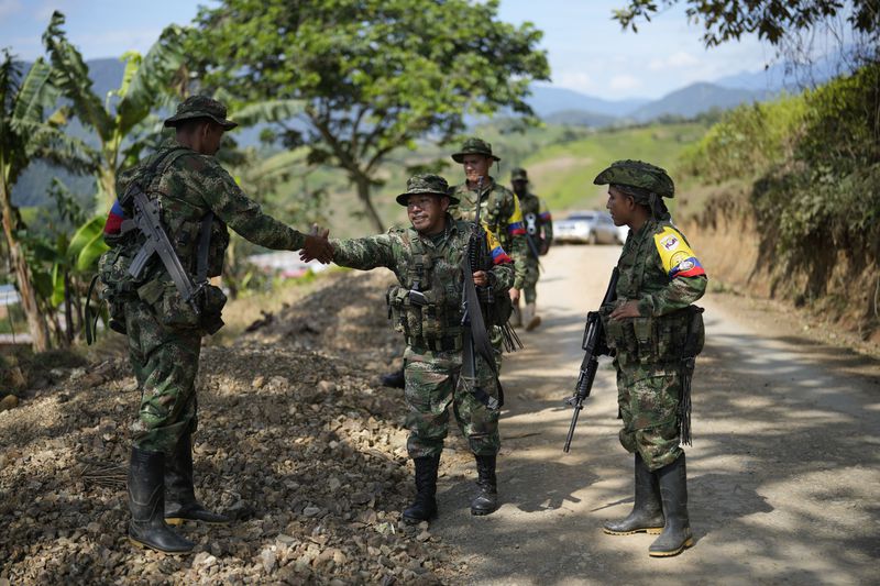 Members of a rebel group that broke away from the former Revolutionary Armed Forces of Colombia, or FARC, greet a fellow rebel, while on patrol in the Micay Canyon region, southwestern Colombia, Wednesday, Aug. 14, 2024. The former FARC faction, known by its initials in Spanish FARC-EMC, has set up roadblocks to control parts of the region, and guards coca leaf farms on its mountainsides. (AP Photo/Fernando Vergara)