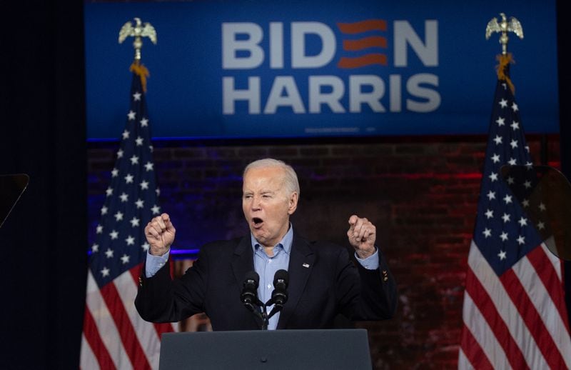 President Joe Biden speaks at a rally in Atlanta on Saturday.