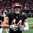 Atlanta Falcons linebacker Troy Andersen (44) runs into the end zone on an interception against the New Orleans Saints during the first half of an NFL football game, Sunday, Sept. 29, 2024, in Atlanta. (AP Photo/John Bazemore)