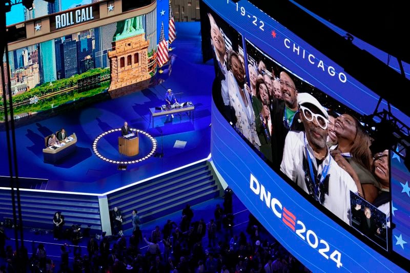 Spike Lee watches as New York Gov. Kathy Hochul casts their vote for Democratic presidential nominee Vice President Kamala Harris during the Democratic National Convention Tuesday, Aug. 20, 2024, in Chicago. (AP Photo/Morry Gash)