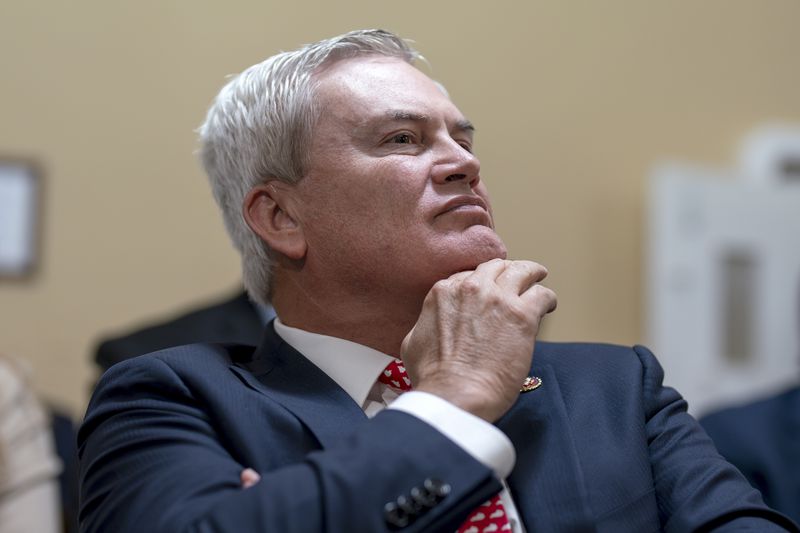 FILE - Rep. James Comer, R-Ky., chairman of the House Oversight and Accountability Committee, pauses as the House Rules Committee prepares to advance a contempt of Congress resolution against Attorney General Merrick Garland for not complying with a subpoena, at the Capitol in Washington, June 11, 2024. The House is expected to vote on a resolution holding Attorney General Merrick Garland in contempt of Congress for refusing to turn over audio of President Joe Biden’s interview in his classified documents case. The contempt action represents House Republicans’ latest and strongest rebuke of the Justice Department and of Garland’s leadership. (AP Photo/J. Scott Applewhite, File)