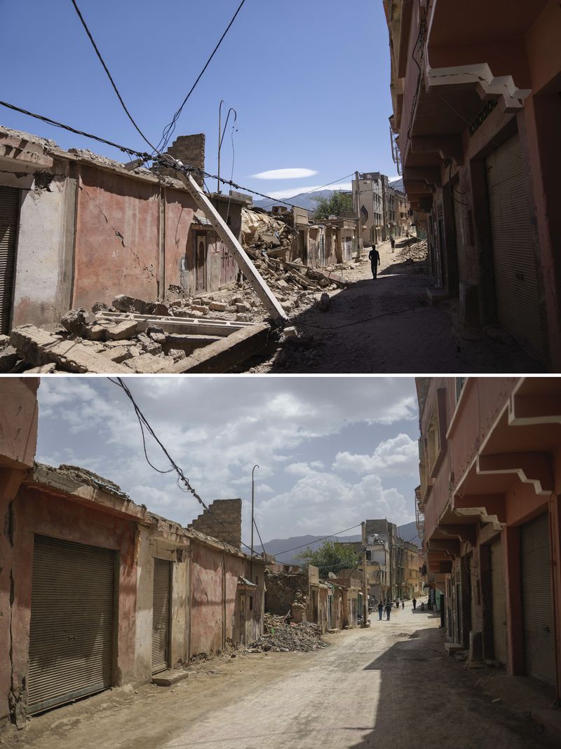 In this combination of photos, people walk past damage from an earthquake in the town of Amizmiz, Morocco, outside Marrakech, Sept. 10, 2023, and the same street on Sept. 4, 2024. (AP Photo/Mosa'ab Elshamy)