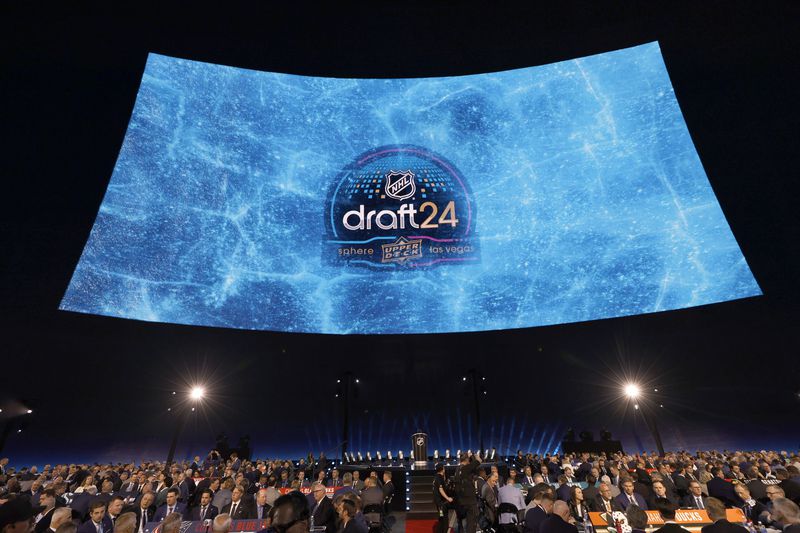 A screen is seen before the NHL hockey draft Friday, June 28, 2024, at the Sphere in Las Vegas. (AP Photo/Steve Marcus)