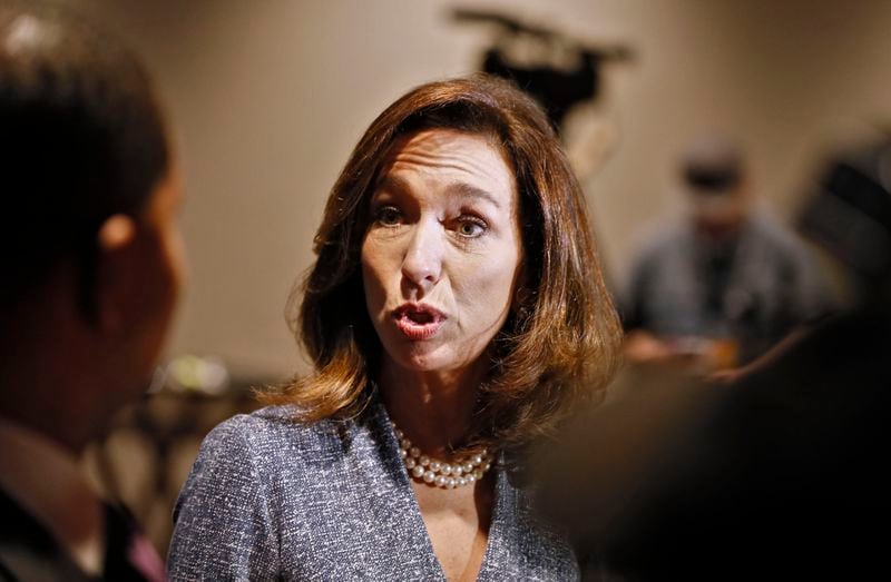 June 6, 2019 - Atlanta - Former Columbus Mayor Teresa Tomlinson, who is a candidate for the U.S. Senate, spoke with media before the session. DNC hosts its African American Leadership Council (AALC) Summit in Atlanta.  . This year's featured speakers will include 2020 presidential candidates Senator Cory Booker and Mayor Pete Buttigieg.  Bob Andres / bandres@ajc.com