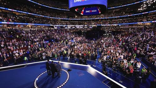 Rev. Al Sharpton and Rev. Jesse Jackson attend Day One of the Democratic National Convention, at the United Center, Monday, Aug. 19, 2024 in Chicago. (Mike Segar/Pool via AP)