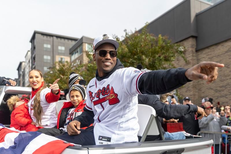 Jorge Soler celebrates during the Braves' 2021 World Series victory parade.