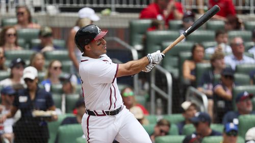 Atlanta Braves right fielder Ramón Laureano hits a solo home run during the fourth inning against the Detroit Tigers at Truist Park, Wednesday, June 19, 2024, in Atlanta. The Braves won 7-0. (Jason Getz / AJC)
