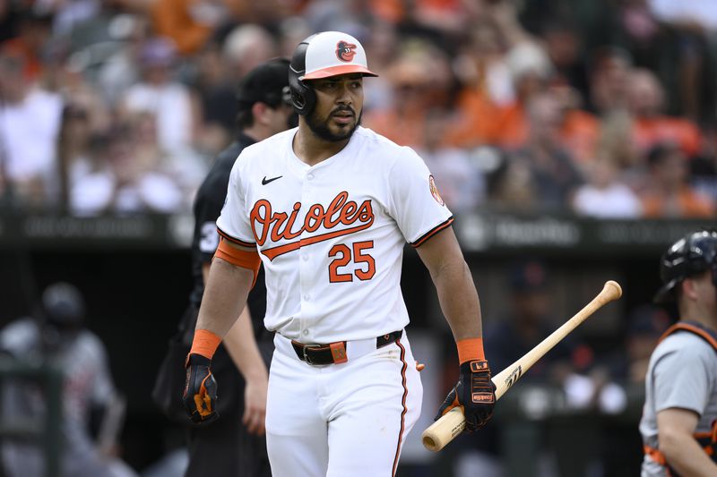 Baltimore Orioles' Anthony Santander walks back to the dugout after he struck out during the seventh inning of a baseball game against the Detroit Tigers, Sunday, Sept. 22, 2024, in Baltimore. The Tigers won 4-3. (AP Photo/Nick Wass)